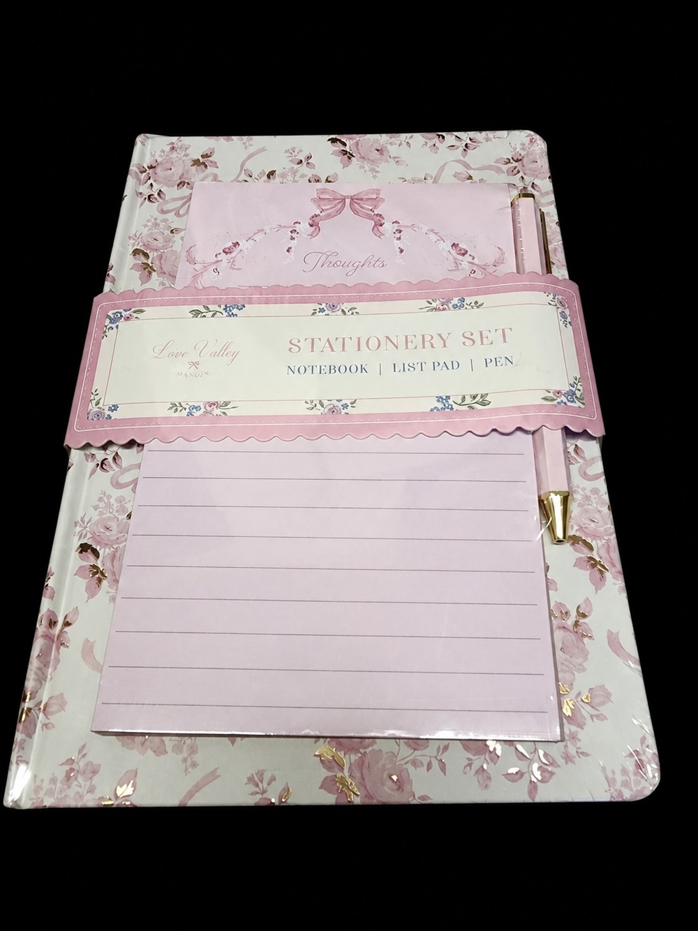 Pink Floral Stationery Set - Notebook, List Pad & Pen